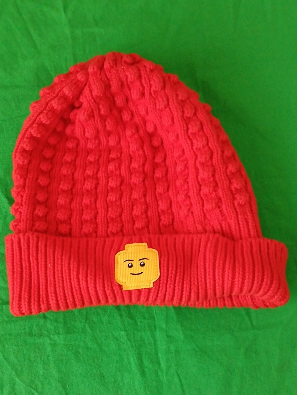 Lego Red Cable-Knit Beanie with Yellow Brick Face Patch